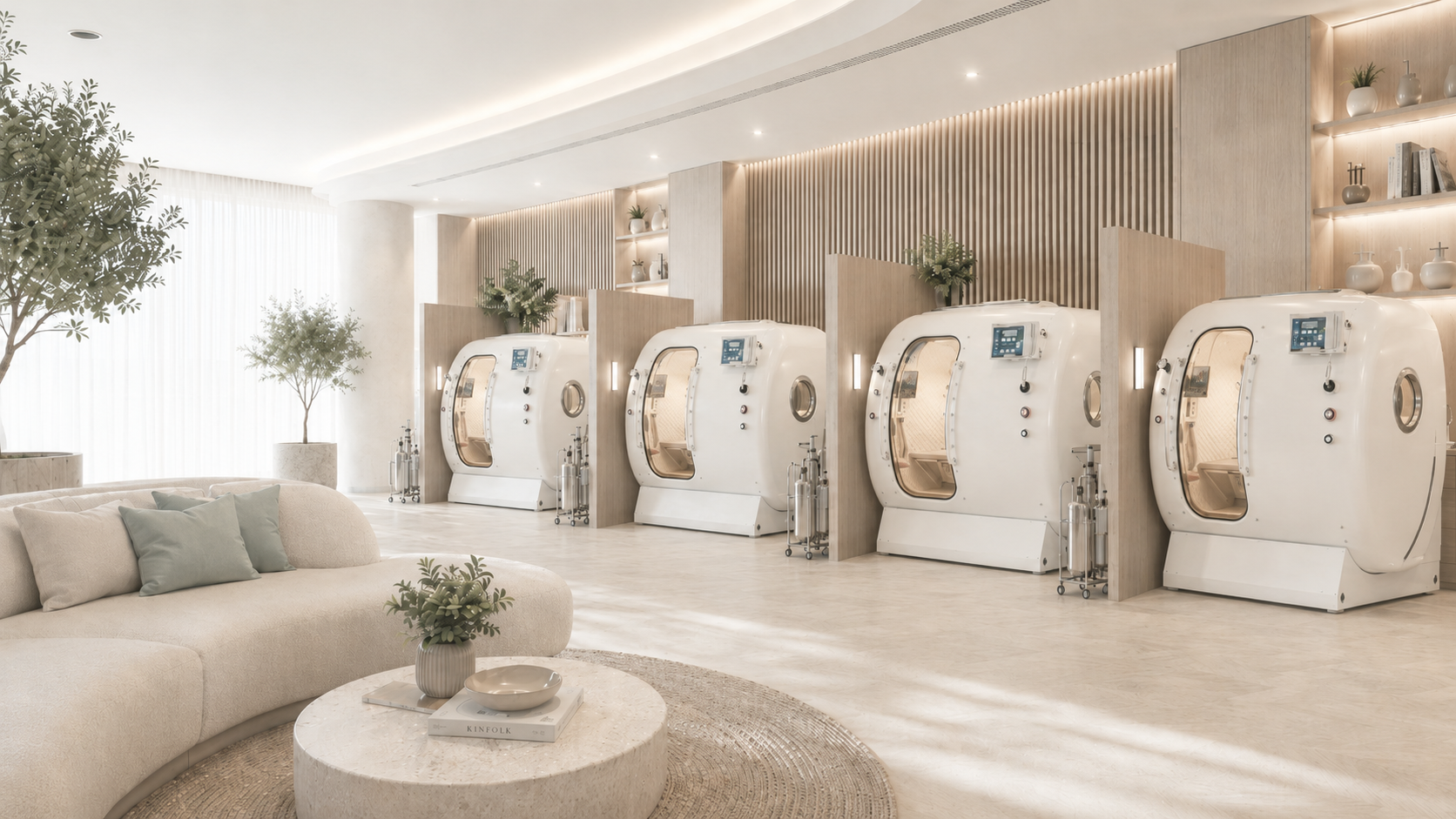 Calm interior of a premium longevity studio with a hyperbaric oxygen suite